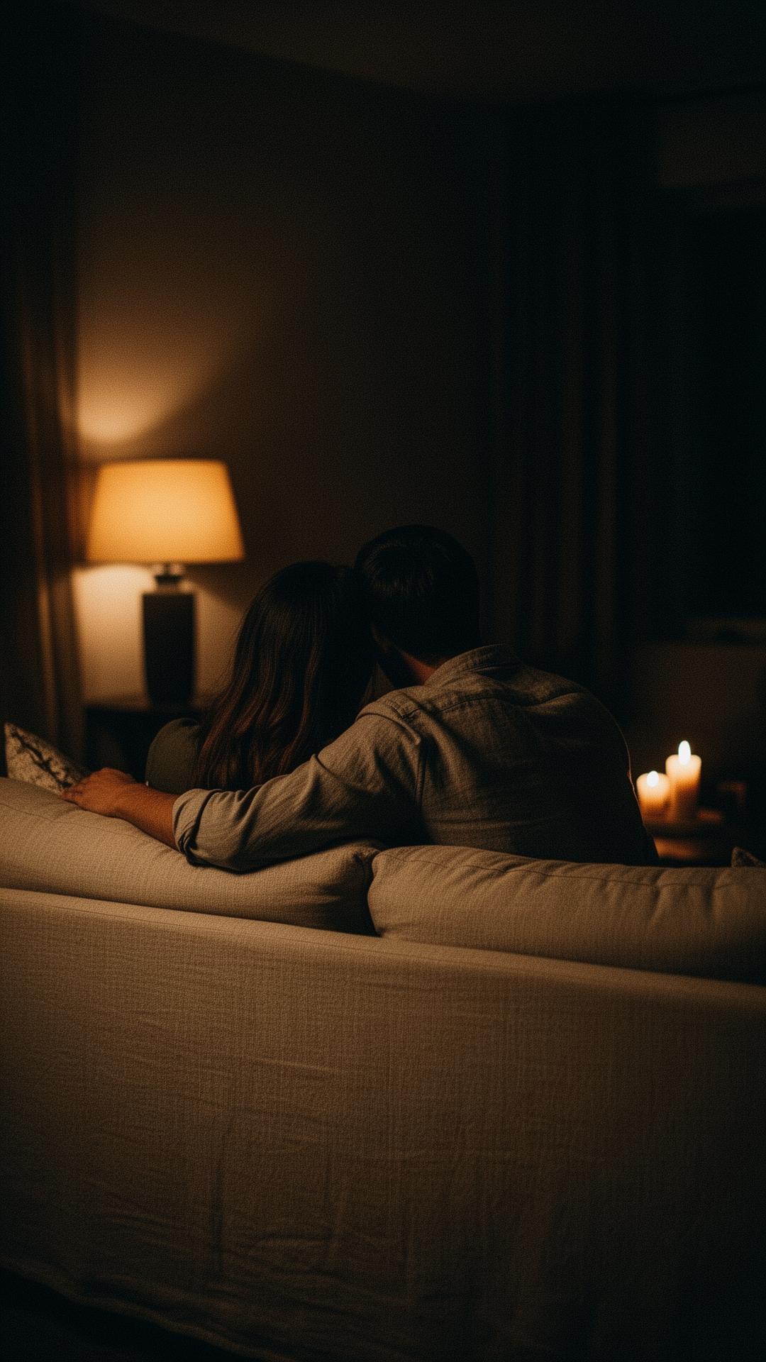 Casal abraçado em um sofá em luz quente